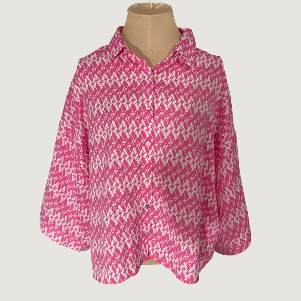 3325 | Pink Geometric Cropped Oversized Button Up Blouse Boxy Vacation Women S